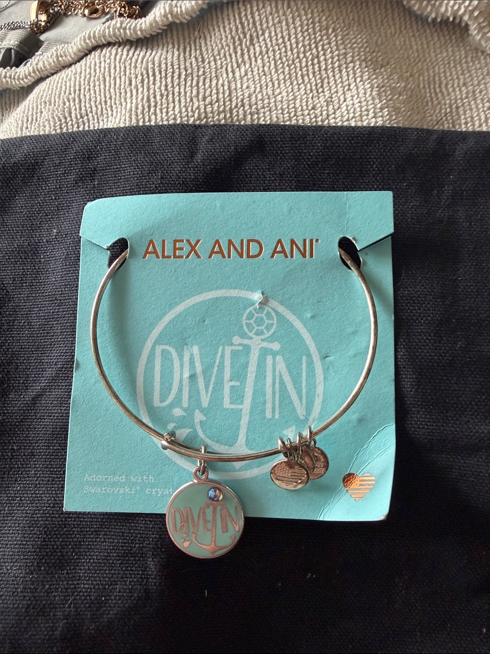 Alex and Ani Silver Bracelet with Light Blue Enamel 'DIVE IN' Charm